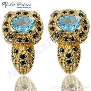 Art Palace Boucles d'oreilles en argent plaqué or 22 carats avec topaze et pierres précieuses noires, design floral vintage, bijoux pour femmes - Product Image 2