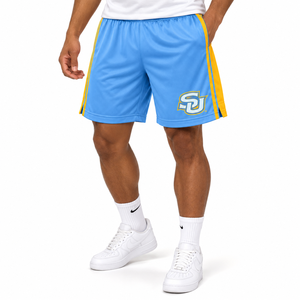 Shorts de Baloncesto Personalizados de la Universidad del Sur (SU), Estilo HBCU, Color Azul Columbia con Franja Lateral Dorada, Shorts Deportivos al por Mayor - Product Image 3