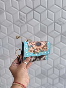 High Quality Cowhide fur Leather New Hand Tooled Carving <b>Small</b> Coin <b>Purse</b> Multi Uses Mini Wallet for Women Western Gifts - Product Image 3