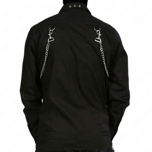 <b>Men's</b> Black Gothic Long Sleeve Shirt with Detachable Shoulder Chains, Metal Pyramid <b>Studs</b>, and Zipper Pockets - Product Image 3
