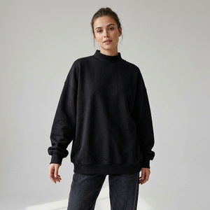 <b>Women's</b> <b>Black</b> Turtleneck Sweatshirt Oversized Drop Shoulder Long Sleeve <b>Fleece</b> Pullover Casual Top - Product Image 1
