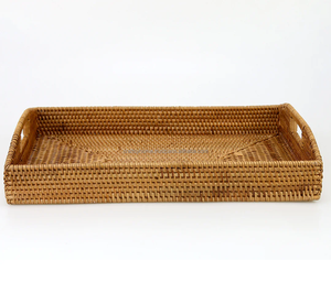 Customized Sizes Hand-Woven Wicker Rattan Decorative Serving <b>Tray</b> <b>Handles</b> High Quality Lacquer Finish Modern Tableware Beverage - Product Image 6