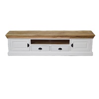 Meuble TV extensible de style européen traditionnel, en bois massif blanc classique, avec 2 tiroirs et plateau marron, polyvalent pour salon