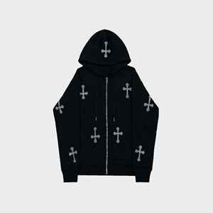 Sweat à capuche oversize de longueur standard, style streetwear, avec logo, imprimé pois vintage de haute qualité, fermeture éclair et strass brillants - Product Image 1