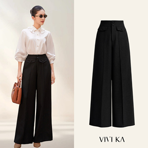 Pantalon de bureau décontracté élégant pour femme, taille haute, coupe droite, noir, avec détail poches à rabat, en polyester et élasthanne OWEN - Product Image 1