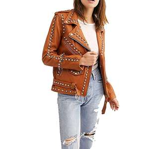 Chaqueta de Cuero con Tachuelas para Mujer, Estilo Motero, con Tachuelas en los Hombros y el Cuello, Material de Alta Calidad, 100% Cuero Auténtico - Product Image 1