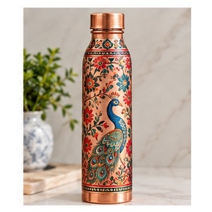 Bouteille d'eau en cuivre doré au cobalt avec motif floral de lotus, gourde de voyage portable, corps bleu, couvercle en cuivre - Product Image 6