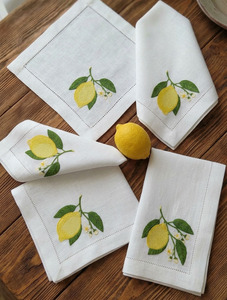 Square Reusable <b>Linen</b> <b>Cloth</b> Napkin Embroidered Lemon Hemstitch Table Napkin Customizable Home Wedding Events Table Decoration - Product Image 4