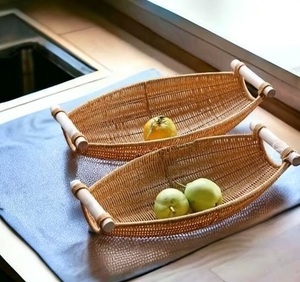 Cestas de Almacenamiento Modernas de Fibra de Bambú y Ratán Marrón Ovaladas Ecológicas al por Mayor con Asas, Portafrutas Multifuncional para Cocina - Product Image 4