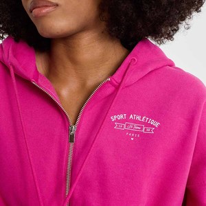 Women's Pink <b>Cropped</b> Hoodie <b>Zip</b>-<b>Up</b> Sweatshirt With Embroidered Logo Front Solid Color Full Sleeve Autumn Wear - Product Image 5