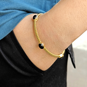 Black Green Oval Onyx Stone Women's Adjustable Cuff <b>Bracelet</b> Twisted <b>Rope</b> Texture Handmade 18k Gold Plated Bezel Set Open Bangle - Product Image 5