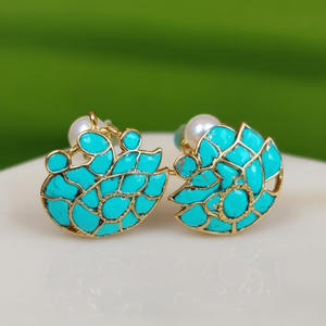 18K Gold Plated Turquoise and <b>Emerald</b> <b>Stud</b> Earrings Zinc Alloy with Zircon and Pearl Accents - Product Image 3