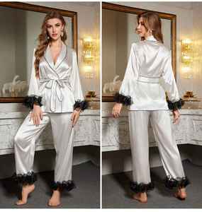 Conjunto de Pijama de Satén para Mujer, 100% Algodón, Tres Piezas, Ropa de Dormir de Lujo, con Encaje y Logotipo Frontal, Invierno, 300g, Personalizable, Secado Rápido - Product Image 3