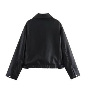 Chaqueta corta de piel sintética holgada Vintage de gran tamaño para mujer con cinturón, ropa de calle con cremallera para mujer, abrigo Retro para motociclista, prendas de vestir - Product Image 5