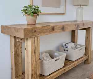 โต๊ะคอนโซลไม้เนื้อแข็งสไตล์เรียบง่ายพรีเมียมปี 2026 พร้อมท็อปไม้แผ่นหนาและชั้นวางด้านล่างกว้างขวางสำหรับตกแต่งทางเข้าห้องนั่งเล่น - Product Image 5