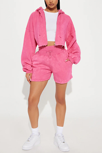 Pink Winter Printed Rhinestone Acid Wash Sunfade Breathable Women's Hoodie Shorts Set 100% Cotton <b>Distressed</b> Ripped Croptop - Product Image 2