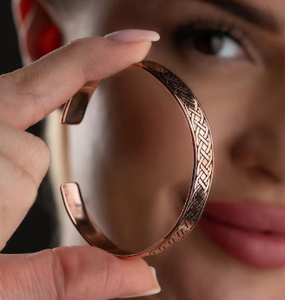 Pure Copper Open Cuff <b>Bangle</b> Bracelet <b>Engraved</b> Vintage Interlocking Grid Motif Solid Copper Adjustable Thin Wristband Unisex - Product Image 4
