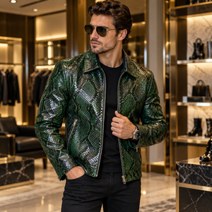 Men’s <b>Purple</b> Snake Embossed Leather Jacket Luxury Genuine Leather Biker Coat Zip Up Motorcycle Jacket - Product Image 5