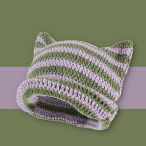 Adjustable <b>Cat</b> Ear Striped 3D Embroidery Beanie <b>Hat</b> 100% Acrylic Unisex Casual Winter Beach Outdoor Headwear - Product Image 3