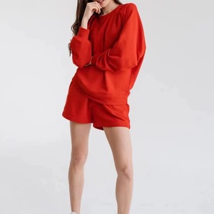 2026 Women's <b>Red</b> 2 Piece Sweatshirt Set O Neck Long Sleeve Loose Fit Casual Solid Color Knitted Shorts <b>Suit</b> Spring Summer Wear - Product Image 3