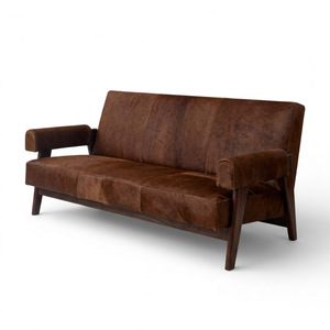 Wholesale Mid Century Luxury Leather Upholstered 3-Seater Sofa Ebony Finish Solid Wood Chandigarh Style Couch - Product Image 1