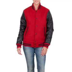 Veste universitaire rouge avec manches en PU, coupe classique, style preppy, col rabattu, simple boutonnage, unisexe, pour l'automne - Product Image 1