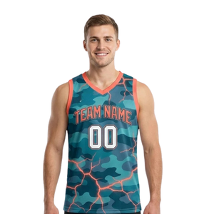 Ensemble de maillot et short de basketball ajustés pour homme, col en V, sans manches, imprimé motif camouflage craquelé, nom et numéro de l'équipe, uniforme deux pièces pour adulte - Product Image 3