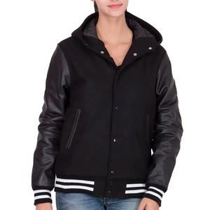 Chaqueta Varsity Negra con Capucha, Mangas de Cuero PU y Rayas Blancas, Ropa Casual de Otoño Unisex - Product Image 1