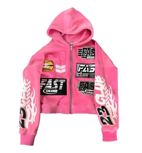 Sudadera con capucha rosa con parche de carreras, gráfico de club, estilo urbano audaz, corte oversize, moda juvenil, algodón premium, con cremallera - Product Image 1