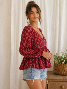 Wholesale Women Floral Printed <b>Boho</b> Peplum Blouse Long Sleeve V Neck Woven Loose Fit 100% Cotton Eco-Friendly Casual Summer OEM - Product Image 3