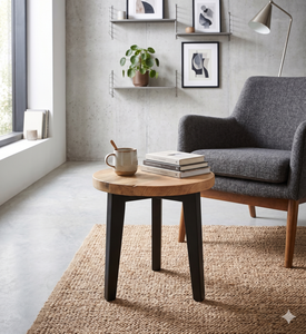 Modern <b>Round</b> Solid Wood Coffee <b>Table</b> Minimalist Natural Teak <b>Side</b> <b>Table</b> With <b>Black</b> Wooden Legs For Living Room Hotel - Product Image 5