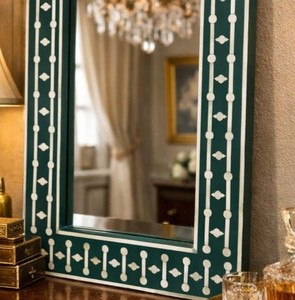 Green Bone Inlay <b>Mirror</b> Elegant Handcrafted Accent Perfect For Living Room Bedroom Office Or Creative Wall Display Uses - Product Image 1