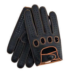 Leather Motorbike <b>Driving</b> <b>Gloves</b> Black With Orange Stitching Breathable Sporty Style Wrist Length For Outdoor Use - Product Image 2