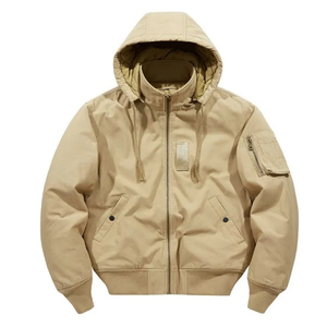 Chaqueta Bomber Beige con Capucha en Oferta, Chaqueta Casual Cortavientos con Cremallera, Chaqueta Gruesa de Lona, Ropa de Abrigo de Color Sólido, Chaquetas de Corte Regular - Product Image 1