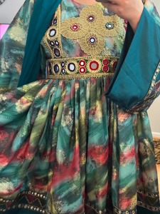 Robe longue en mousseline de soie brodée ethnique indienne à manches longues avec motif floral et bordure dorée, à porter toute l'année - Product Image 3