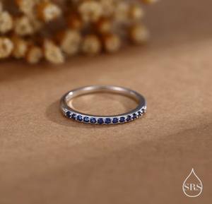 Sapphire Blue Half Eternity <b>Ring</b> in Sterling <b>Silver</b> Gold Plated Luxury Claw Setting CZ Wedding Minimalist Skinny <b>Stacking</b> <b>Ring</b> - Product Image 3