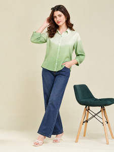Camisa degradada de manga tres cuartos para mujer, blusa informal con botones - Product Image 1