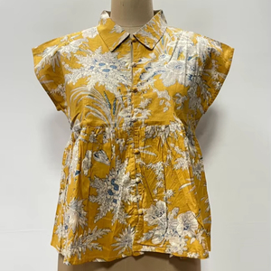 Débardeur court à manches bouffantes en coton doux imprimé floral, style bohème, écologique et respirant, col en V, pour femme, idéal pour l'été - Product Image 1