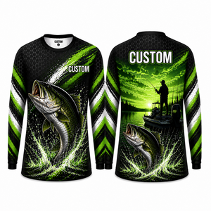 Camisa de Pesca Personalizada para Hombre, Manga Larga, UPF 50, Poliéster de Secado Rápido, Protección Solar, Ropa de Exterior, Estampado Verde y Negro - Product Image 1
