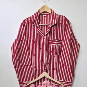 Ensemble de pyjama en coton rayé rouge et blanc pour femmes, élégant, à manches longues, boutonné, vêtements de nuit doux, respirants, séchage rapide, pour l'été - Product Image 1