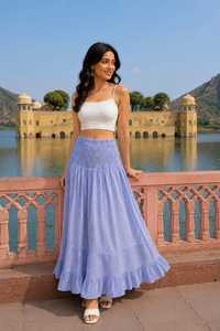 Robe longue d'été pour femme, rayée bleue, taille naturelle élastiquée, smockée, à volants étagés, style décontracté vintage, respirante, écologique, 100% - Product Image 5
