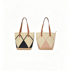 Customized Geometric diamond line woven straw tote <b>bag</b>, contrast graphic straw <b>basket</b> shopper, trapezoid woven tote - Product Image 5