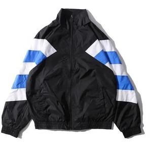 <b>Men's</b> Black Windproof Racer <b>Jacket</b> With Blue <b>White</b> Striped Sleeves Stand Collar Zipper Closure Sporty Style Autumn Wear - Product Image 2
