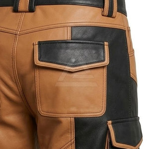 Pantalon cargo en cuir pour homme avec plusieurs poches latérales, coupe droite, passants de ceinture et revers aux chevilles, pour un style décontracté et streetwear. - Product Image 4