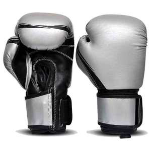 Gants de boxe en cuir PU noir argenté, avec sangle de poignet réglable en Velcro, taille adulte - Product Image 1