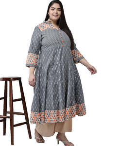 Wholesale <b>Plus</b> <b>Size</b> Ikat Printed Anarkali Kurti Cotton Black Grey Flared V Neck Women's Casual Summer Wear - Product Image 3