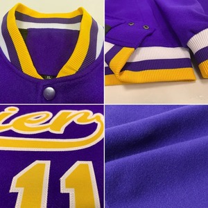 Custom <b>Purple</b> Wool Black Leather <b>Varsity</b> <b>Jacket</b> Old Gold Full-Snap Letterman Bomber <b>Jacket</b> Premium Unisex Team Sports Wear - Product Image 5