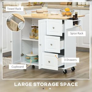 Carrello da Cucina Moderno Portatile con Piano Ribaltabile Bianco, 3 Cassetti, Top in Legno di Quercia Naturale, Porta Spezie e Porta Asciugamani - Product Image 4