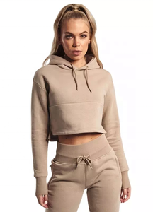 Womens Tan Cropped <b>Hoodie</b> And Matching Joggers Set Premium Heavyweight Fleece Pullover Loungewear Two Piece Outfit - Product Image 5