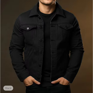 Nouvelle veste en jean longue en coton et fibre de bambou pour homme, couleur unie, avec logo personnalisé en relief, boutonnage printemps - Product Image 2